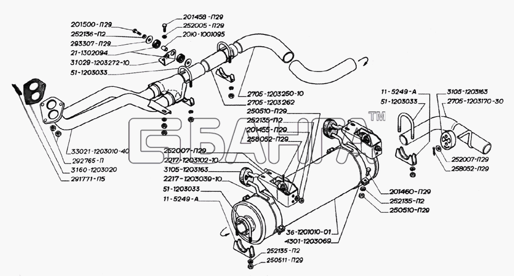 ГАЗ ГАЗ-2705 (дв. УМЗ-4215) Схема Глушитель трубы и подвеска глушителя